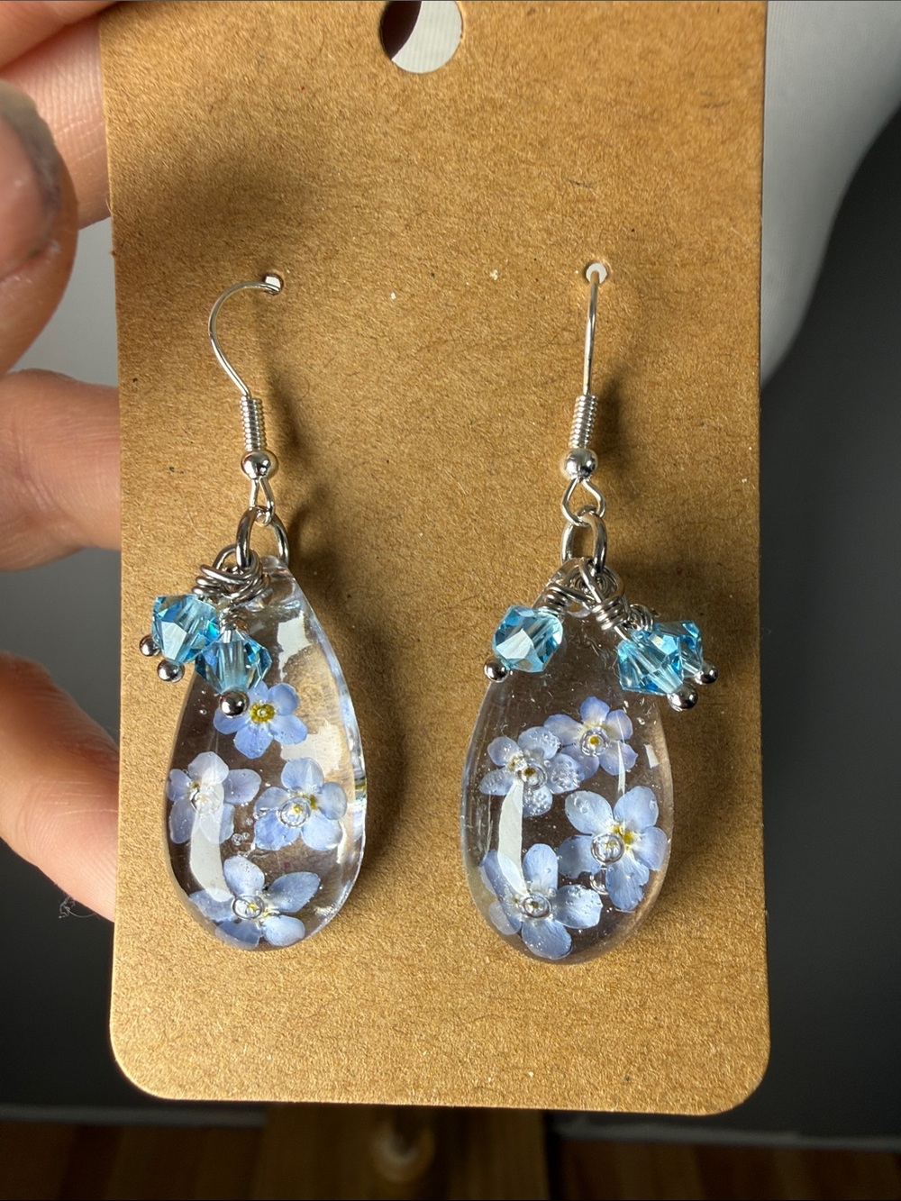 Handmade Blue Floral Resin Teardrop Earrings with Crystal Accents